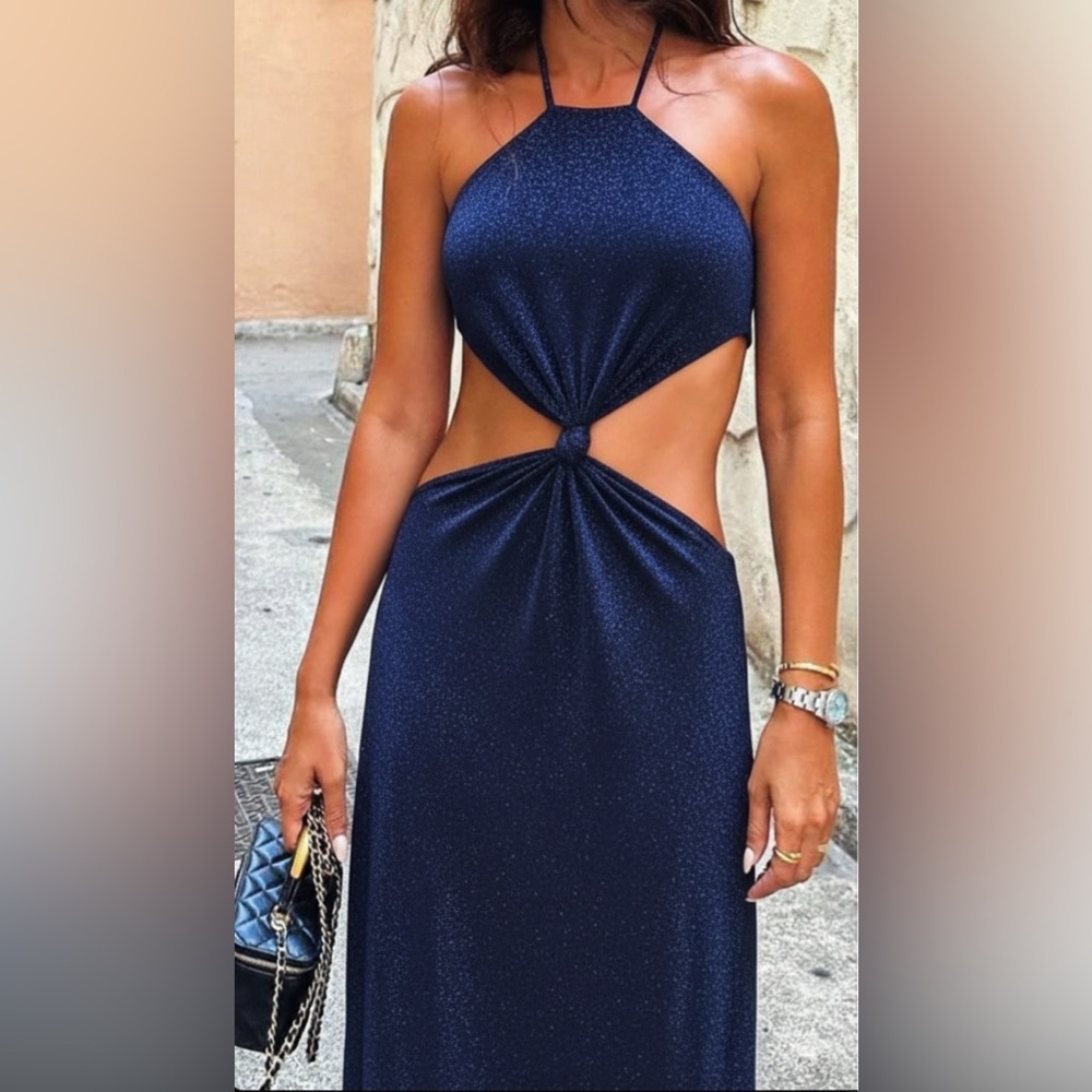 Shimmery cutout Maxi Backless Navy Dress